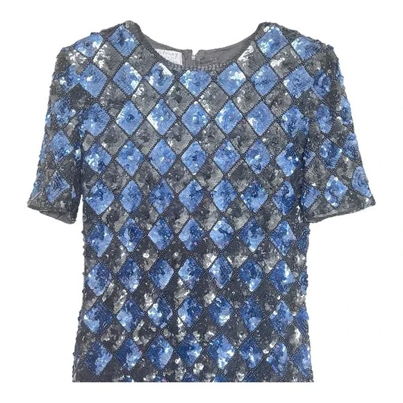 VTG Stenay Sequin Blue Dress SZ 10 Glam Party Wedding Cocktail Diamond - Picture 3 of 15